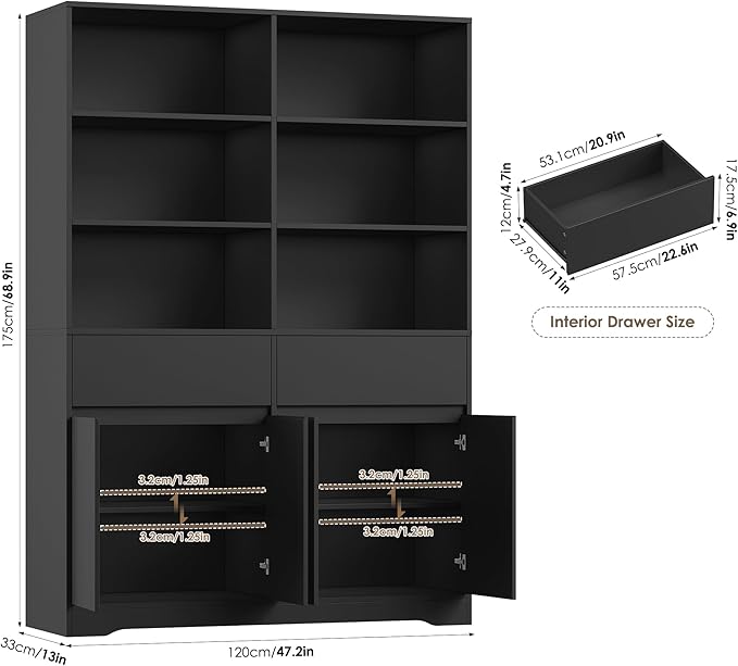 FINETONES 69" Black Bookshelf with Doors, 47.2" Double Wide Bookshelves and Bookcases with Storage, Tall Bookshelf Large Open Book Shelf Standing Book Case for Home Office, Black