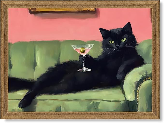 Fantasy Artists Humorous Black Cat Character Wall Art – Relaxed Anthropomorphic Illustration with Playful Attitude, Framed Canvas for Living Room, Office or Creative Space, 12W X 16H