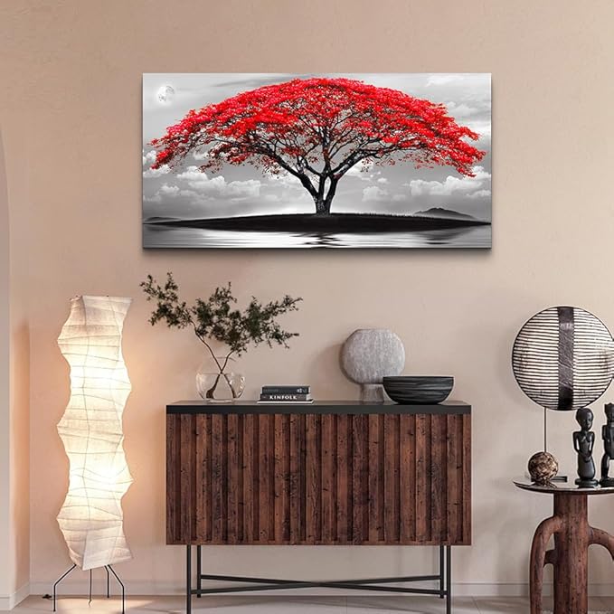 Wapluam Large Canvas Prints Wall Art For Living Room Bedroom Wall Decor Red Tree Landscape Painting Black And White Pictures To Hang Modern Home Decorations For Office Stretched And Framed Artworks