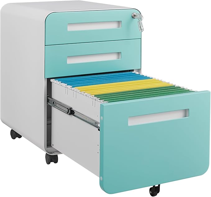 3 Drawer Mobile File Cabinet with Lock, Under Desk Storage Filing Cabinet for Home Office, Small Rolling File Cabinet for Legal, Letter and A4 Files (White+Green)
