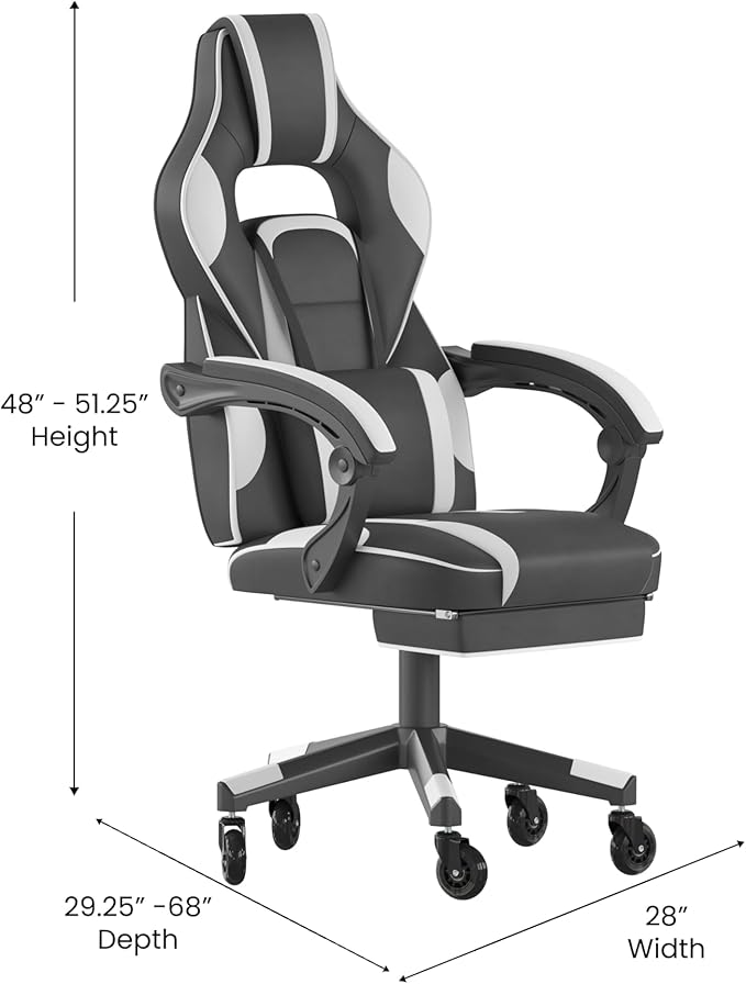 Flash Furniture X40 Gaming Chair Racing Computer Chair with Fully Reclining Back/Arms and Transparent Roller Wheels, Slide-Out Footrest, - White