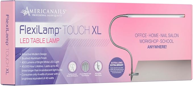 Americanails FlexiLamp Touch XL - LED Table Desk Lamp - Removable Clamp - Adjustable Lighting for Nail Stations - Manicure Table Light - Flexible Arm – 3 Brightness Levels - Touch Sensor - 400 Lumens