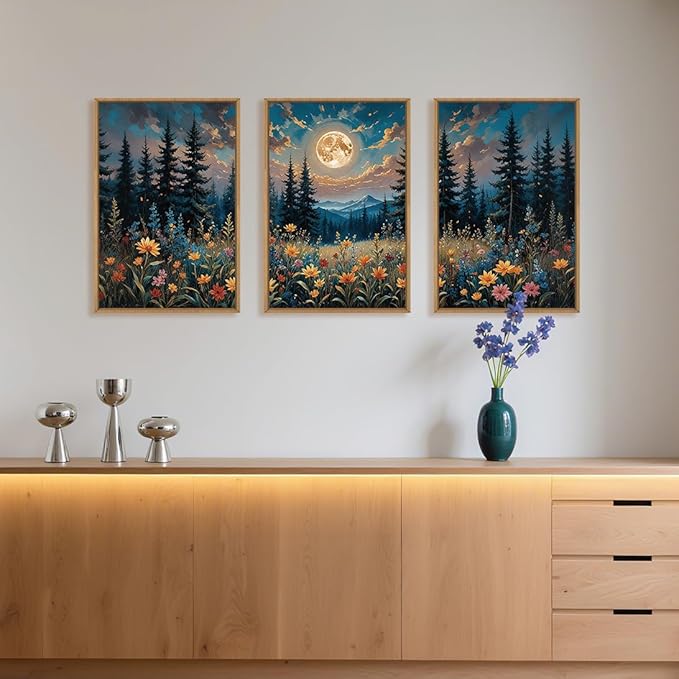 Large Nature Moon Wildflowers Framed Canvas Wall Art,Vintage Forest Flowers Wall Decor,Dark Mountain Night Painting,Wilderness Artwork for Living Room,Bedroom,Dining Room,Office -16"x24"x3