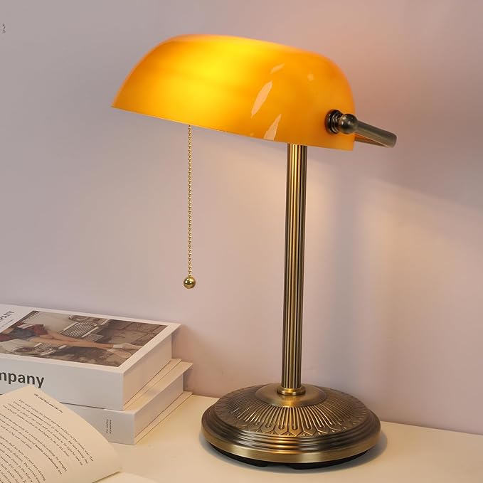 NISSAFORS Bankers Desk Lamp, Amber Glass Shade, Vintage Desk Lamp with Pull Chain Switch, Retro Table Lamps for Home Office (Brass+Amber, Small)