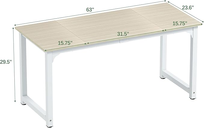 NSdirect Large Office Desk for Home Office, Large 63" Computer Desk Table, Wide Writing Study Desk for 2 Person, Metal Sturdy Frame Thicker Steel Legs, (White Oak, 63"L x 23.6"W x 29.5"H)