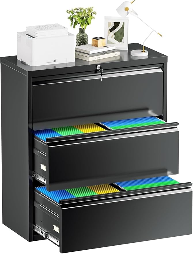 Incbruce 28" W 3 Drawer Lateral File Cabinet, 3 Drawer Lateral Filing Cabinet with Lock, Metal Wide Lateral File Storage Cabinet for Home, Office, Fit A4/F4/Letter/Legal File (Black)