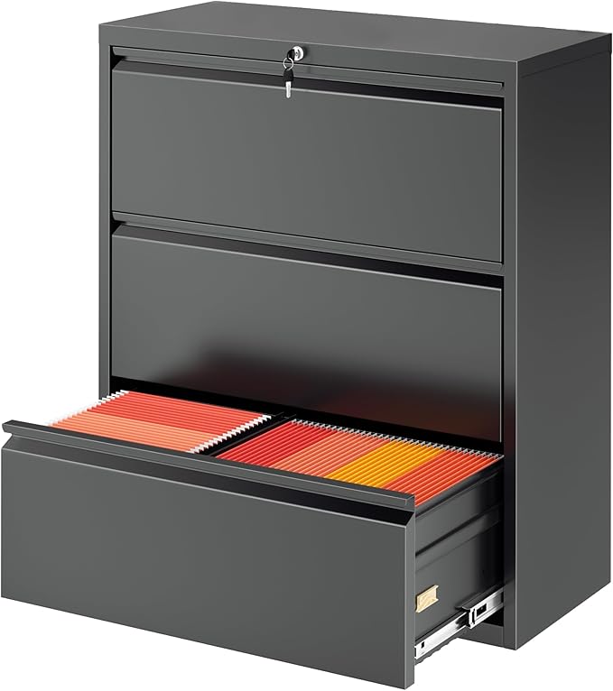 Greenvelly Lateral File Cabinet 3 Drawer, Lockable Metal Filing Cabinets for Home Office, Black Metal File Cabinet with Lock for Legal/Letter/A4/F4 Size