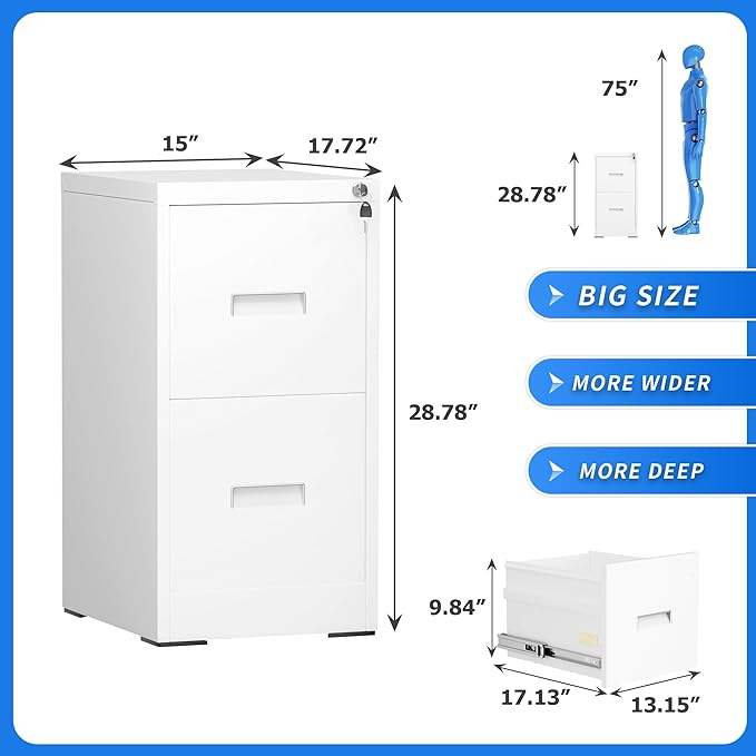Greenvelly Metal 2 Drawer File Cabinet, Vertical File Cabinet with Lock, Locking Filing Cabinets for Home Office, Letter/Legal/A4/F4 Size/Anti-Tip (White)
