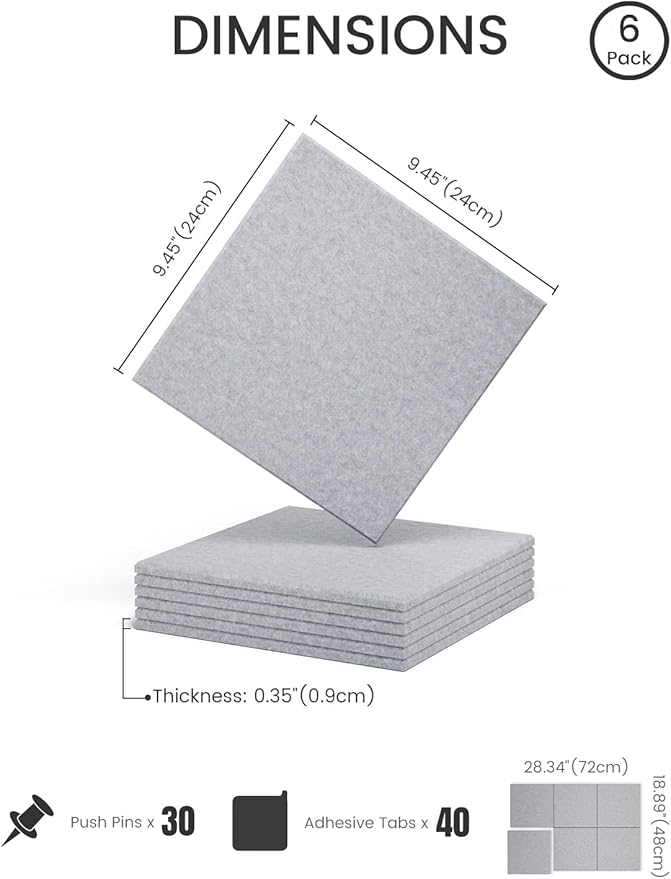 Fluxynara Felt Bulletin Board Tiles -28"x18" Cork Board Alternative for Office Decor, Push Pin Board Wall Organizer 6-Pack -Soft Gray