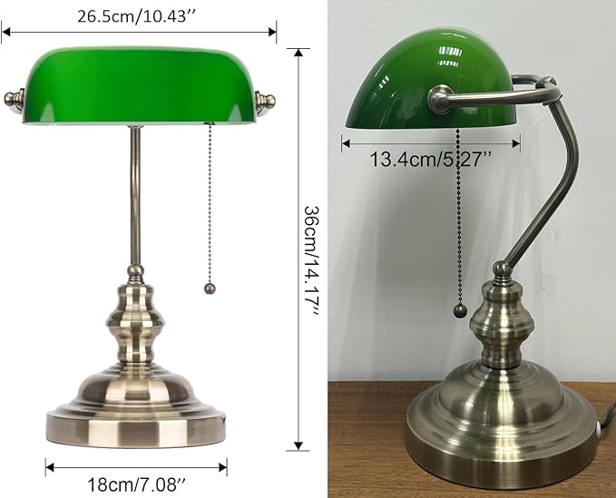 Bankers Lamp Green, Vintage Library Lamp with Pull Chain, Traditional Green Glass Desk Lamp for Home Office, Study Room, Library, LED Bulb Included