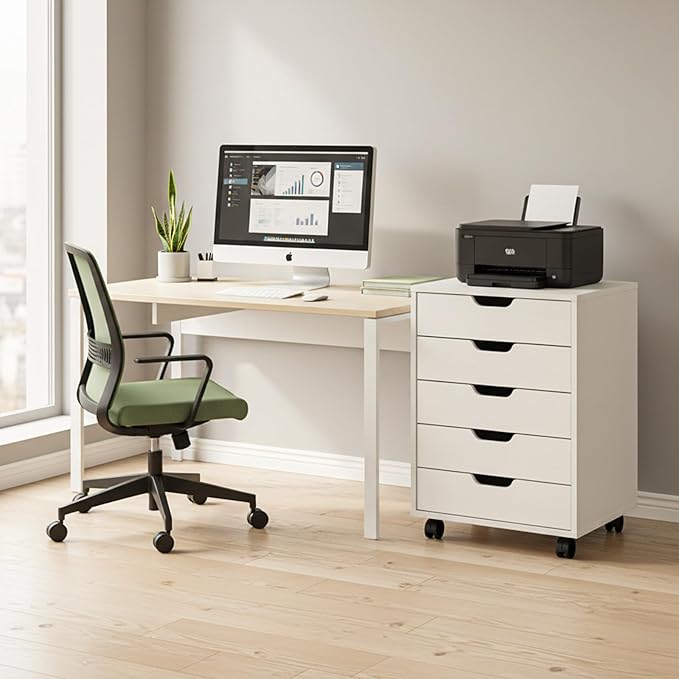 VINGLI 5 Drawers Mobile File Cabinet with Wheels, Under Desk Storage Organization, Vertical Filing Chest Rolling Wood Small Desk Printer Stand for Home Office, 19" W × 15.8" D × 25.6" H, White