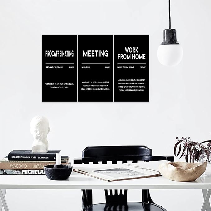 3 Piece Inspirational Canvas Wall Art, Quotes "Procaffeinating - Meeting - Work From Home" Motivational Print Pictures, Triptych Entrepreneur Poster Framed Artwork for Men Women Room Decor(36"Wx24" H)