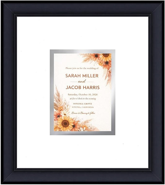 Poster Palooza Wedding Invitation Display Frame 10x11.25 in Black With White and Metallic Silver Double Mat for 4.25x5.5 A2 Keepsake | USA Made