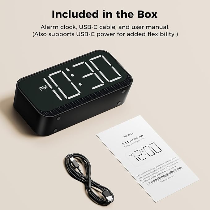 Battery Operated Digital Clock: Cordless Small Alarm Clock for Bedroom Travel - Large Numbers 4 Dimmers for All Ages White Digits