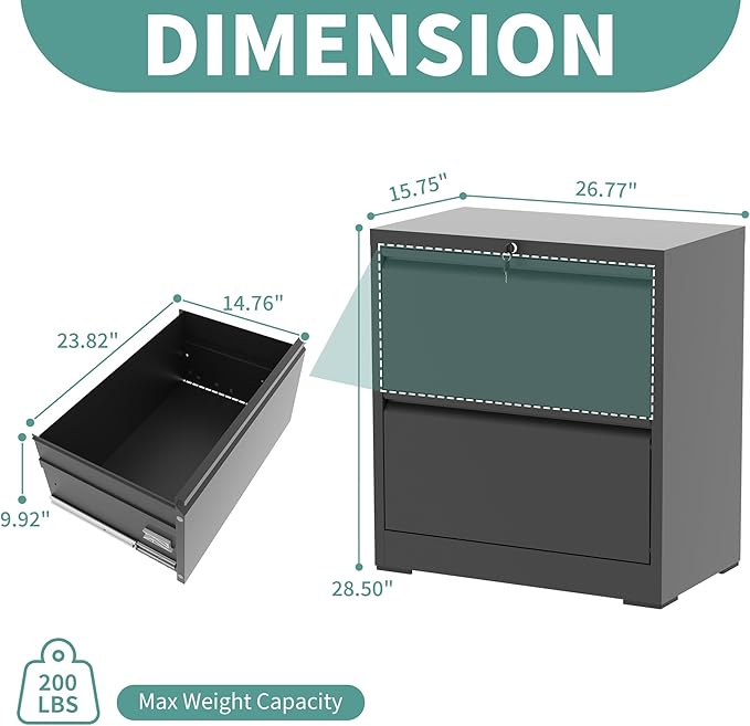 AQY 2 Drawer File Cabinet with Lock,Metal Black Lateral File Cabinets for Home Office,Steel Wide Filing Organization Storage Cabinets for Hanging Files Letter/Legal/F4/A4 Size(Black)