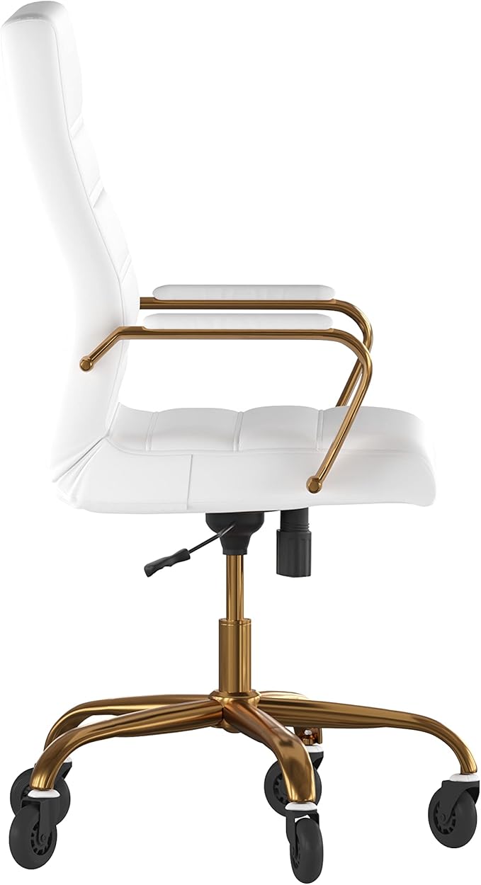 Flash Furniture Whitney High Back White LeatherSoft Executive Swivel Office Chair with Gold Frame, Arms, and Transparent Roller Wheels