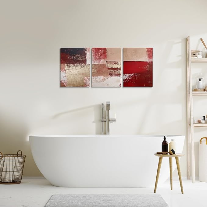 jejeloiu 12"x16"x3pcs Abstract Oil Painting Office Decorations Artwork Posters Abstract Art 3 Piece Canvas Wall Art for Living Room Bedroom Red Modern Picture Wall Decor