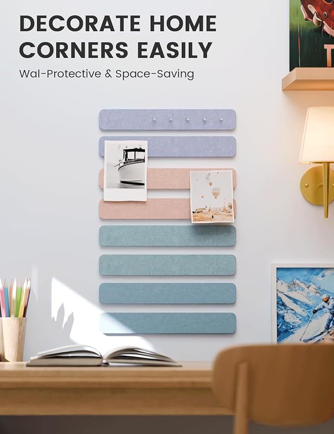 Cork Board Alternative Felt Strip Board 8-Pack 13"x2", Office Pin Board with 50 Push Pins, Adhesive Install for Bedroom Door & Home Office(Coastal Haze)
