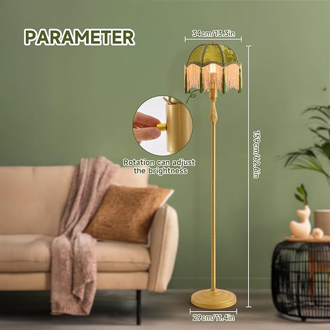 WEILASA Retro Tassel Floor lamp with Adjustable Light Simple Upright Metal Base LED Night lamp for Room 13”Wide, 62.7”High