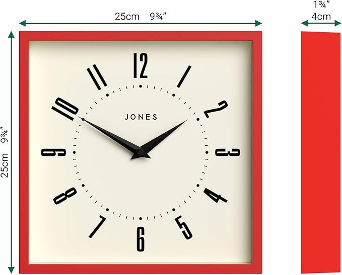 JONES CLOCKS® Box wall Clock | Retro Square | 10 inch | Red | Easy to Read Numbers | Perfect Kitchen or Office Clock