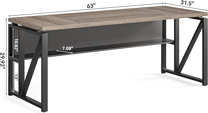 LITTLE TREE 63-Inch Executive Office Desk, Large Computer Desk with Storage Shelf, Executive Desk with Metal Frame, Study Writing Desk Work Station for Home Office, Grey + Black
