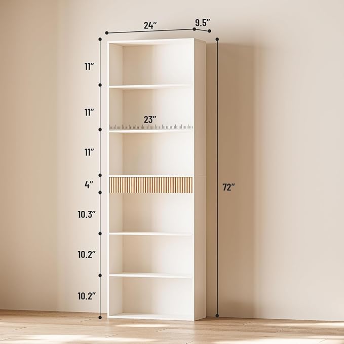 7-Tier Bookshelf with Storage, 72" Tall Bookcase with Drawer, Display Book Shelf Book Organizer with Anti-tip Device, Home Decor Wood Furniture for Office, Bedroom, Living Room, White