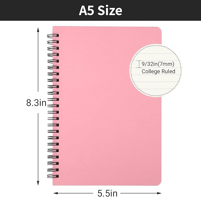 EUSOAR Notebook Spiral, 3 Packs 5.5" x 8.3" 120 Pages Pink A5 College Ruled Paper, 100gsm Hardcover Lined Travel Writing Notebooks Journal, School Supplies Composition Office Meeting Essentials