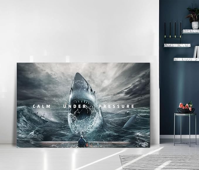 Office Inspirational Wall Art Calm Under Pressure Motivational Quotes Pictures Wall Decor Artwork Sharks and Angler Posters Print Artwork Living Room Decoration Framed Ready to Hang - 28" Hx44 W