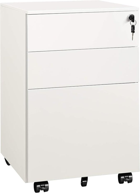 DEVAISE 3 Drawer Locking File Cabinet, Under Desk Metal Filing Cabinet for Legal/Letter/A4 File, Fully Assembled Except Wheels, White