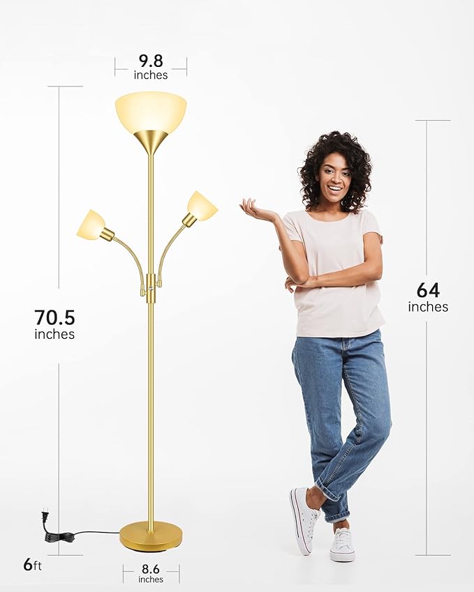 Floor Lamp, Torchiere Floor Lamps for Living Room, 71 Inch Tall Standing Lamp, Bedroom Lamps with Reading Light, Rotary Switch, 3 Plastic Lampshade, Torch Floor lamps for Bedroom (Gold, No Bulb)