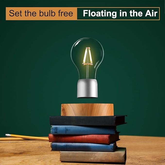 VGAzer Magnetic Levitating Floating Wireless LED Light Bulb Desk Lamp for Unique Gifts, Room Decor, Night Light, Home Office Decor Desk Tech Toys (Round Wooden Base.)
