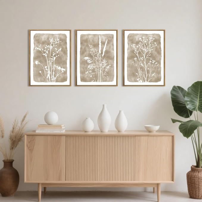 ANHUIB Beige Floral Canvas Wall Art Neutral Botanical Wall Decor 12x16 Inch Set of 3 for Living Room Bedroom Bathroom