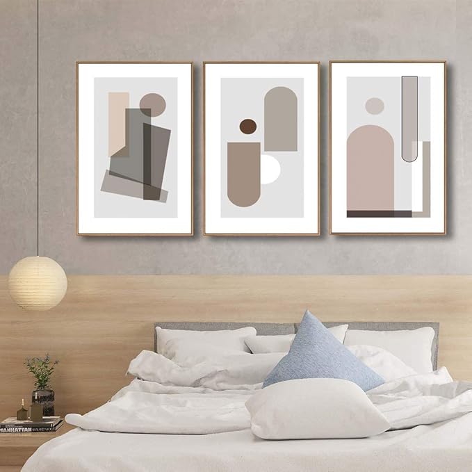 SIGNFORD Framed Wall Art Print Set Small & Large Transparent Polygons Abstract Shapes Digital Art Modern Art Contemporary for Living Room, Bedroom, Office - 24"x36"x 3 Panels Natural