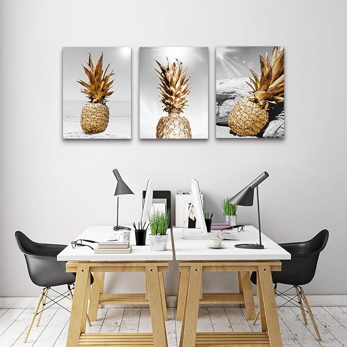 Lapremoly Large Wall Decor for Kitchen Dining Room Artwork Black And White Wall Painting 3 Piece Canvas Wall Art For Living Room Beach Scenery Pineapple Pictures Restaurant Framed Wall Decoration