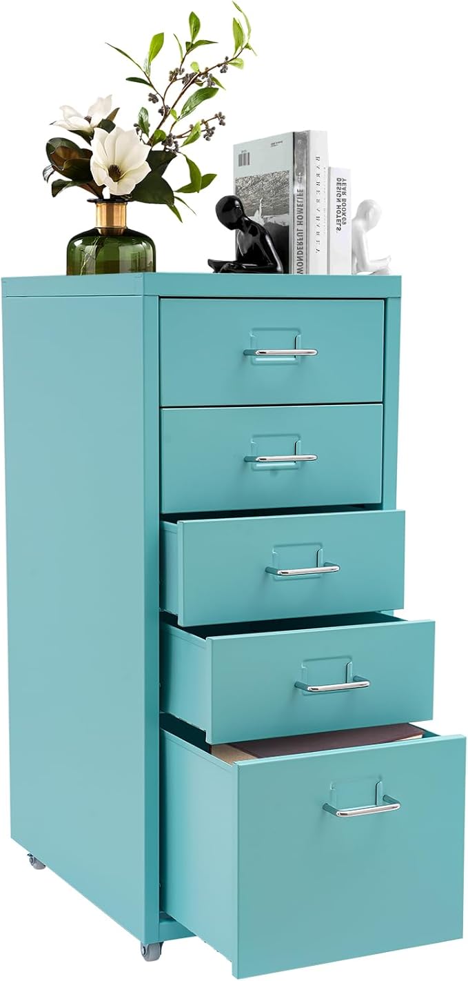 Metal File Storage Cabinet, 5 Drawer Vertical Filing Cabinets with Wheels Under Desk Storage Drawers, 11 * 16.1 * 27.1in Mobile File Cabinets Under Desk Cabinet for Bedroom, Office (Blue)