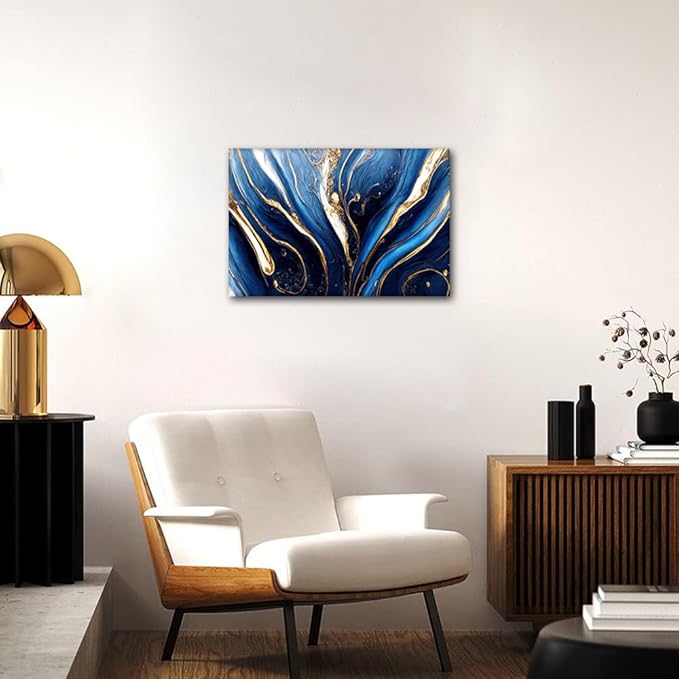 Canvas Wall Decor Modern Abstract Marble Art Picture Printing Blue Gold and White Colors Poster 1 Panel Canvas Wall Artwork for Boy Bedroom Wall Decor Stretched and Framed Ready to Hang 18x12 in