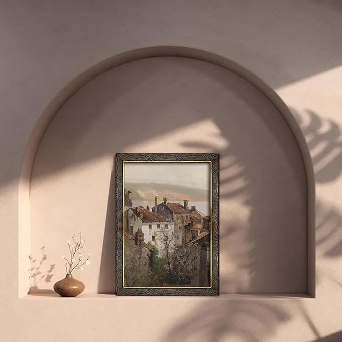 Kizbok Vintage Wall Art - Retro Rustic European Cityscape Canvas Oil Painting for Vintage Room Decor, Cozy Bedroom & Bathroom Decor (8" x 10" - UNFRAMED)