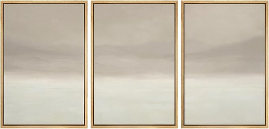 MUDECOR Framed Wall Art Print Set Misty Horizon Minimalist Foggy Mountain Landscape in Soft Neutral Tones Illustrations Realism Decorative for Living Room, Bedroom, Office - 16"x24"x3 Natural