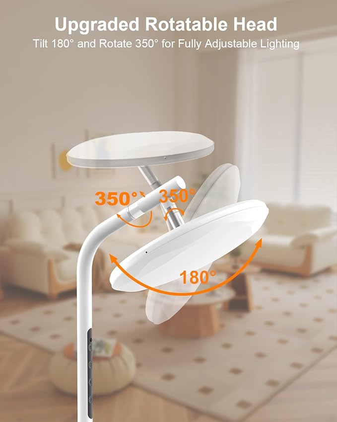 LED Floor Lamp, 36W Super Bright Standing Lamp with Remote & Touch Control, 69" Stepless Dimmable Torchiere Tall Lamp, 350° Rotating Head Floor Lamp for Bedroom, Living Room, Office, White