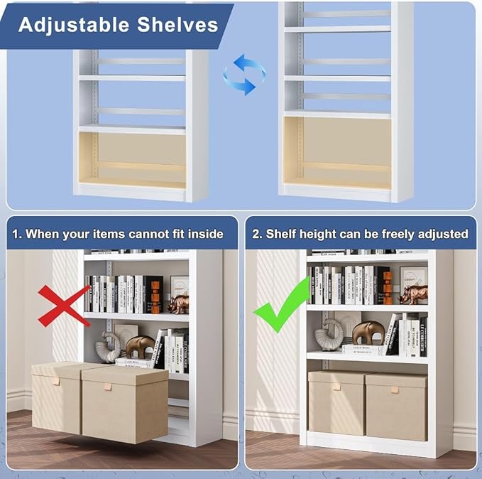 White Bookshelf，6-Tier Bookcase with Adjustable Storage Shelves，Metal Bookshelf with Book Stopper for Living Room, Home Office, Library