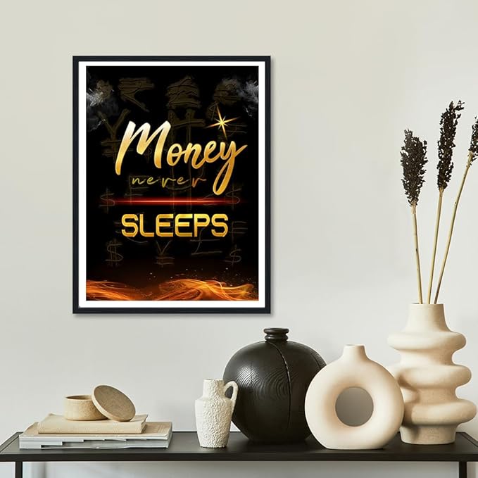 Money Wall Art Money Never Sleeps Text Motivational Posters Inspirational Entrepreneur Wall Decor Canvas Print Artwork for Office Living Room Decor Ready to Hang 12X16inch