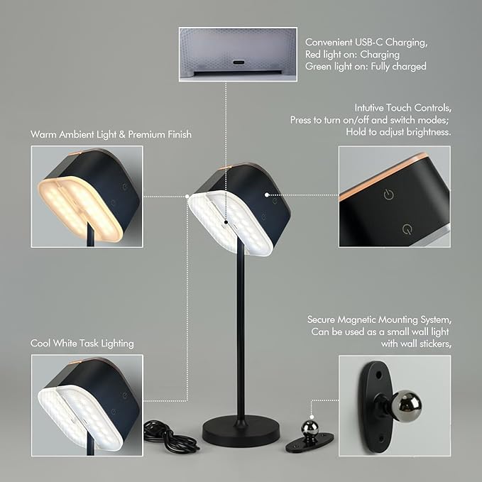 2 Pack Cordless Table Lamps, Rechargeable Touch Lamps for Nightstand & Dining Table, 3 Color Temps 3000K-6500K, Dimmable, Dual-Tone Design, USB-C Portable Bedside Lights, Set of 2, Black & White
