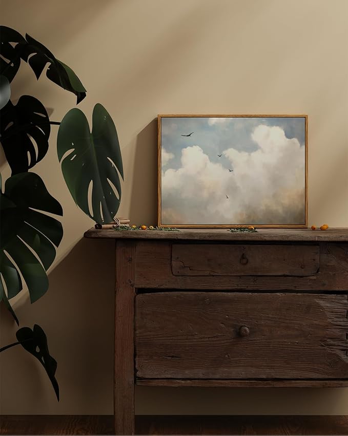 ARPEOTCY Vintage Framed Canvas Wall Art, Cloud & Bird Vintage Wall Art for Living Room Bedroom Office, Retro Farmhouse Landscape Kitchen Bathroom Wall Art Prints(12x16 Inch)