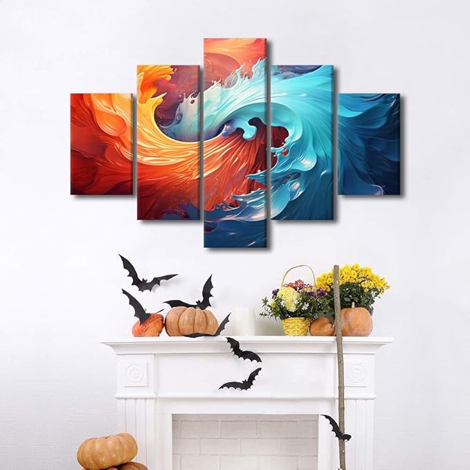 Canvas Wall Art Modern Colorful Swirling Vortex Poster Prints on Canvas 5 Panel Water and Fire Printing Art for Men Lady Living Room Office Wall Decor Stretched and Framed Ready to Hang 60x40 in