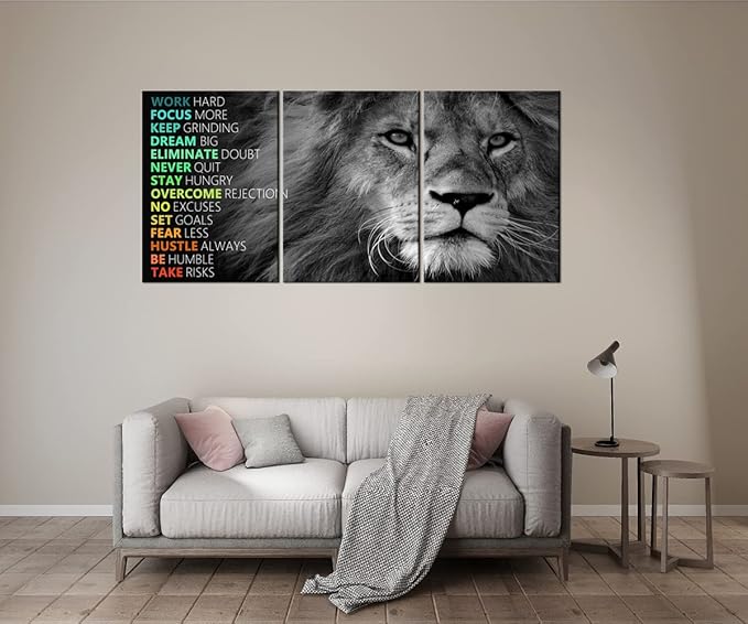 Motivational Canvas Wall Art Lion 3 Pieces Poster Inspirational Positive Wall Art Quotes Success Canvas Artwork Picture Print Framed for Home Office Living Room Gym Wall Decor [60''Wx 28''H]