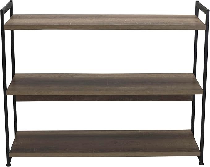Household Essentials Jamestown Wide 3 Shelf Open Storage Bookshelf Ashwood Rustic Wood Grain and Black Metal