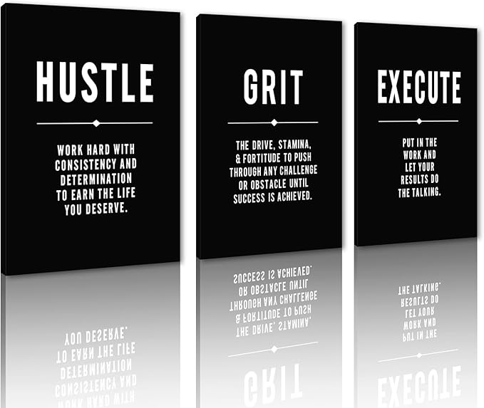 Hustle Grind Execute Inspirational Wall Art, 3 Panel Motivational Wall Decor Black and White Framed Positive Quotes Prints Modern Poster for Home, Living Room, Office, or Gym (20"x28"x3)