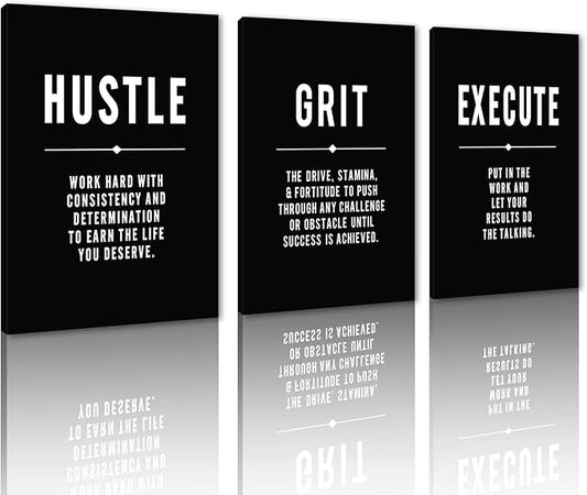 Hustle Grind Execute Inspirational Wall Art, 3 Panel Motivational Wall Decor Black and White Framed Positive Quotes Prints Modern Poster for Home, Living Room, Office, or Gym (20"x28"x3)