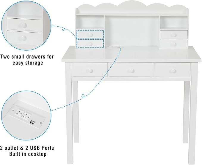 ADORNEVE Writing Desk with USB Port, Home Office Desk with Drawers and Hutch, 36.2" Study Table Computer Desk for Student/Adults, Computer Work Station with Storage Shelf, 7 Drawers, White