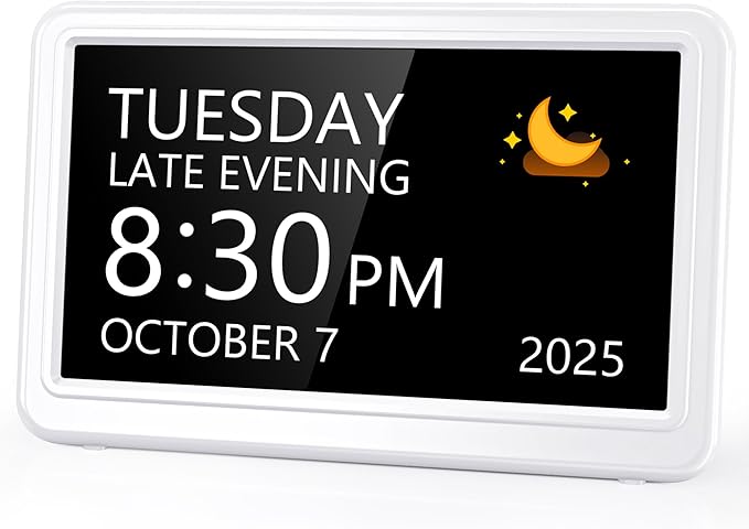 Raynic Digital Clock, 7" Digital Calendar Day Clock for Seniors, Dementia Clock with 20 Custom Alarms & Reminders,12 Themes, Auto DST, Dimmable Dementia Alzheimer's Clock for Elderly